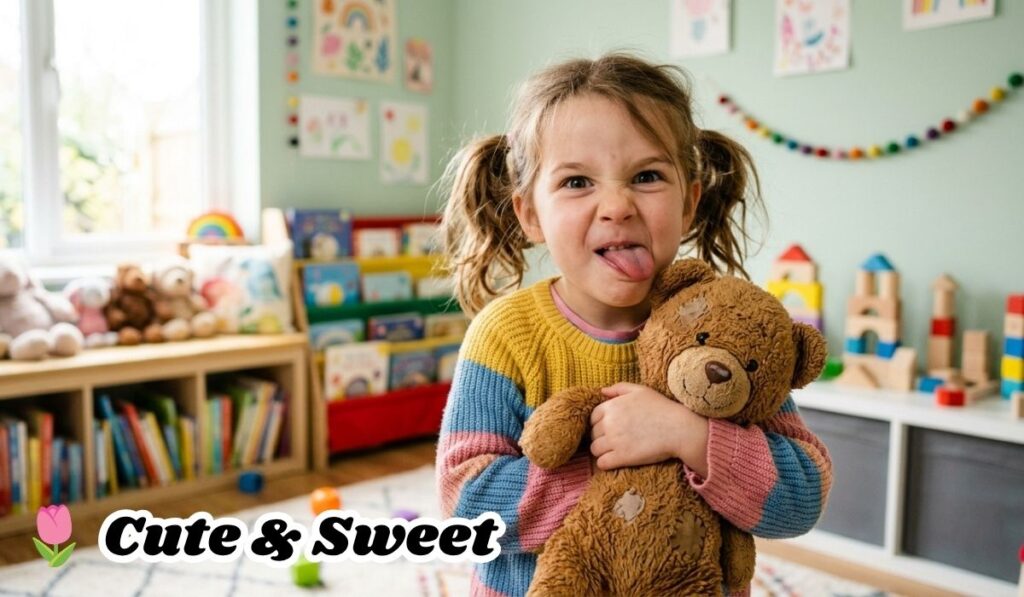Funny cute daughter captions for Instagram - little girl with teddy bear